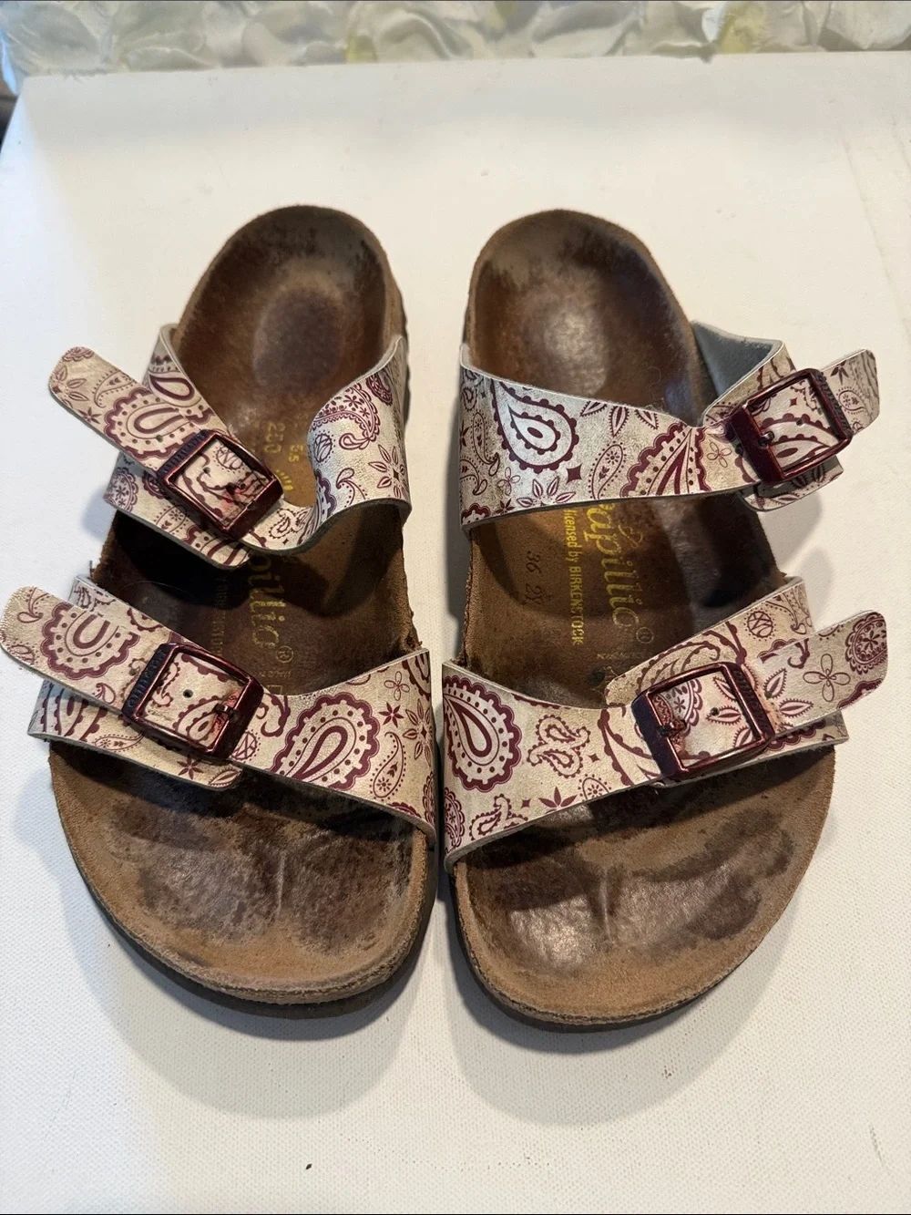 Birkenstock Paisley Print White and Burgundy Double Strap Sandals